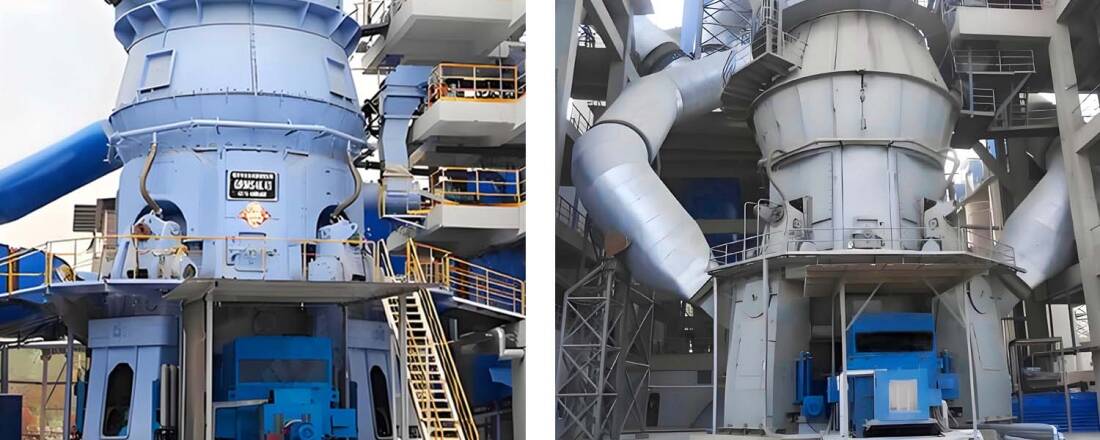 Duas cenas combinadas de um moinho vertical de rolos, mostrando a sua configuração operacional e componentes num ambiente de produção de cimento.